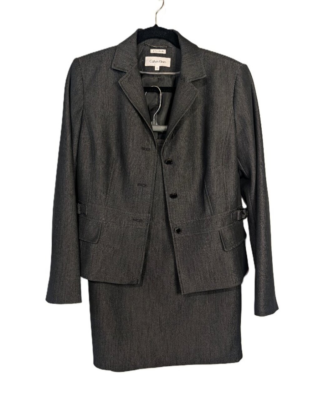 Calvin Klein Dark Gray Textured Stretch Blazer and Skirt Suit Set Womens Size 10